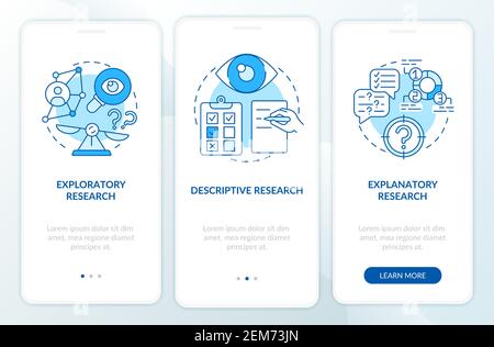 Types of scientific research onboarding mobile app page screen with concepts Stock Vector