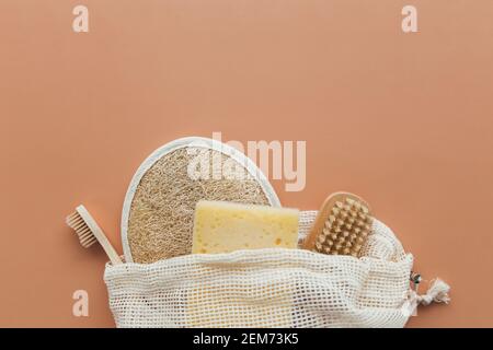 Natural bath accessories, set of natural bath accessories, eco-friendly products on beige background. High quality photo Stock Photo