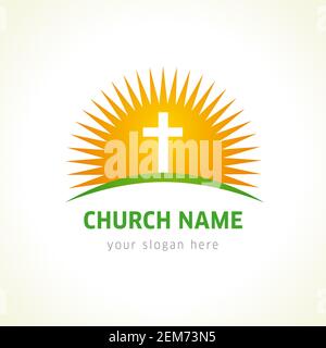 Bible, sunset and cross. Church logo concept. Icon in orange circle on ...