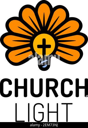 Church logo with cross, bulb and flower. Ligth cross bible church vector logotype Stock Vector