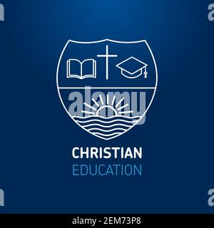 Logo for church or christian education, open book, cross, square academic cap and sun on river. Christian university or Sunday school learning line ar Stock Vector