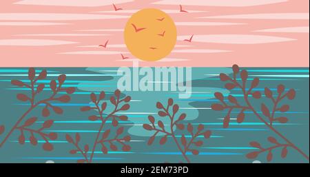 morning sunny landscape with calm sea view vector illustration Stock Vector