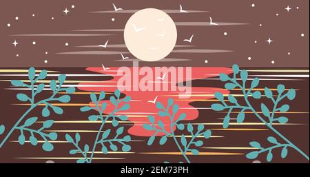 Night landscape with full moon and stars in sky with sea view Stock Vector