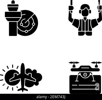 Flight dispatch black glyph icons set on white space Stock Vector