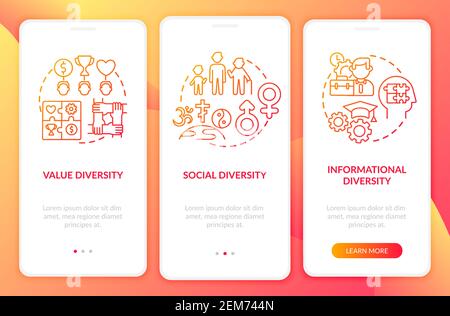 Top management diversity types onboarding mobile app page screen with concepts Stock Vector