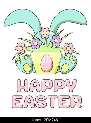 Happy Easter cute rabbit hid behind a pot of flowers and Easter eggs in cartoon style. Card or banner in delicate colors-pink, blue, yellow, green. Sq Stock Vector
