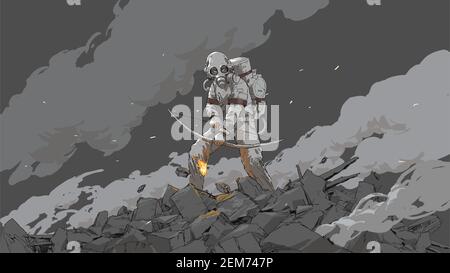 woman in a biohazard suit holding a fire bow, vector illustration Stock Vector
