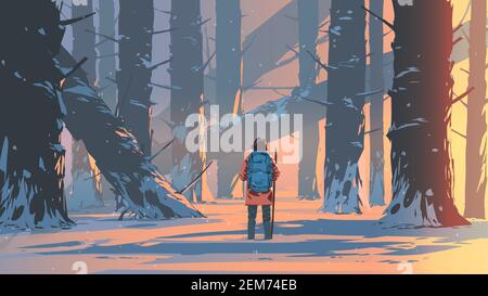 man traveling in a snowy forest, vector illustration Stock Vector