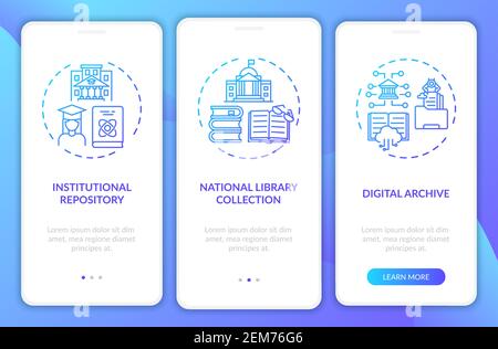 Types of digital libraries onboarding mobile app page screen with concepts Stock Vector