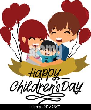 Parents family mom, dad and son with ribbon and Love Balloon.Happy Children Day Stock Vector