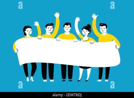 Group of business people holding big blank banner. Teamwork concept vector Stock Vector
