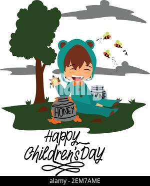 Child wearing a teddy bear costume with a honey jar beside Tree. Happy Children's Day Stock Vector