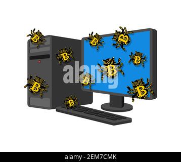 Bitcoin virus bug infected computer. Digital currency computer virus. Stock Vector