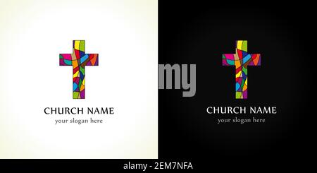 Church logo, old mosaic pattern. Religious vector christian symbol. Creative crucifix in color puzzles parts. Broken glass crucifixion sign, window in Stock Vector