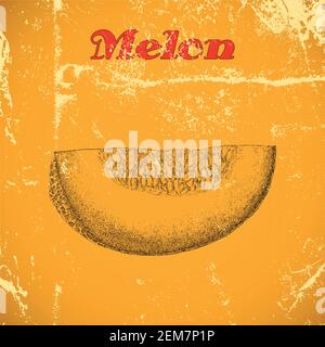 Hand drawn vintage melon isolated on yellow distressed grunge background. Stock Vector