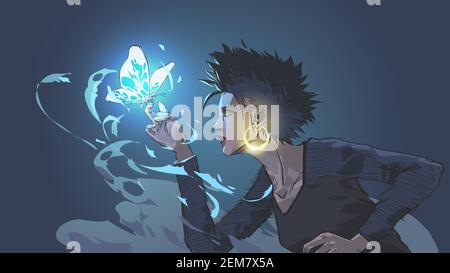 the witch summons a glowing blue butterfly with magic power, vector illustration Stock Vector
