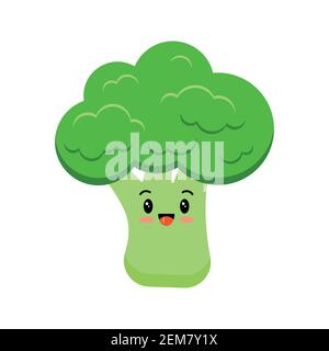 Cute broccoli happy cartoon vegetable kids icon isolated on white background. Stock Vector