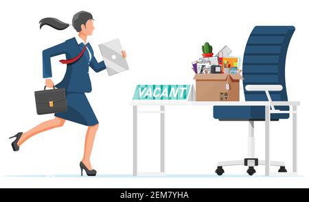 Office furniture, sign vacancy. Employee with box with office goods. Hiring and recruiting. Human resources management, searching professional staff, work. Found right resume. Flat vector illustration Stock Vector