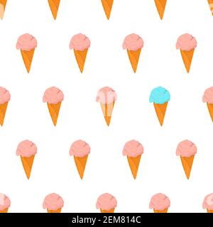 Seamless pattern with pink ice cream in waffle cone, eye catching element - blue ice cream. Hand drawn vector illustration. Summer textile design Stock Vector