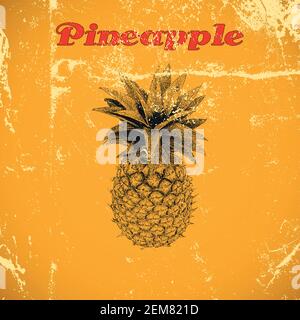 Hand drawn vintage pineapple isolated on yellow distressed grunge background. Stock Vector