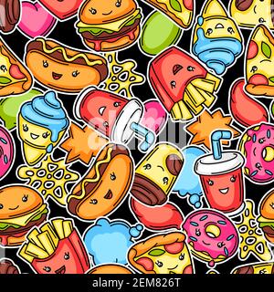 Seamless pattern with cute kawaii fast food meal. Stock Vector
