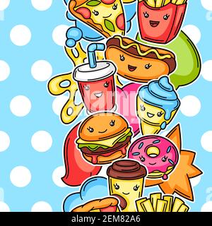 Seamless pattern with cute kawaii fast food meal. Stock Vector