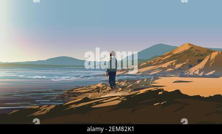 man standing on a rock looking at the shore on a sunny day, vector illustration Stock Vector