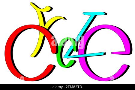 Cycle text lettering bysicle shape, multycolor eps10 vector isolated on white background with shadow. Stock Vector