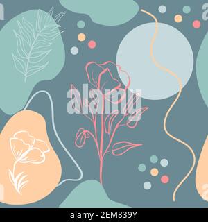 Vector seamless pattern of abstract flower. Hand drawn shapes and line-art. Contour drawing, botanical element. Stock Vector
