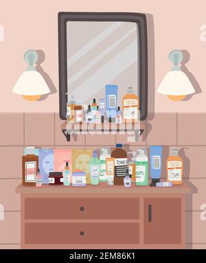bathroom with mirror and furniture with three drawers Stock Vector