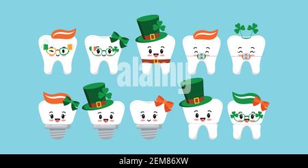 St Patrick day tooth icon set isolated. Stock Vector