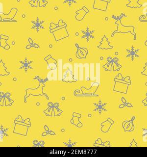 Happy New Year and Christmas seamless pattern. Winter illustration with mittens, sled, gift, snowflakes, deer, bell, Christmas sock, mistletoe, Christ Stock Vector