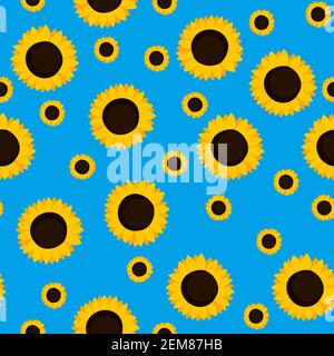 Summer colorful seamless pattern with orange sunflowers on blue background. Cartoon style. Design for fabric, textile, posters, card, paper. Beauty Stock Vector