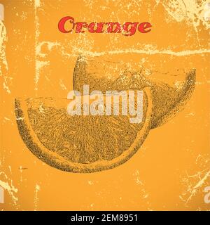 Hand drawn vintage orange isolated on yellow distressed grunge background. Stock Vector