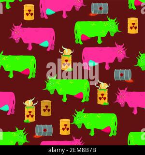 Radioactive cow pattern seamless. toxic waste animal background. Animal mutation Stock Vector