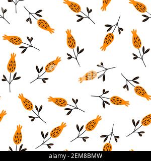 Seamless floral pattern based on traditional folk art ornaments. Orange and black flowers. Scandinavian style. Sweden nordic style. Vector Stock Vector