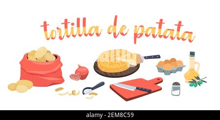 Spanish potato omelette ingredients - tortilla de patata. Olive oil, onions, potatoes, eggs, cutting board and knife. Vector illustration on a white Stock Vector