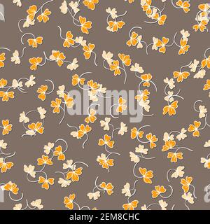 Trendy seamless floral pattern with ornament. Colorful flowers on beige background. Simple minimalistic pattern with nature elements. Vector Stock Vector