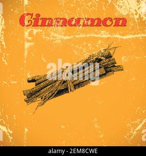 Hand drawn vintage cinnamon isolated on yellow distressed grunge background. Stock Vector