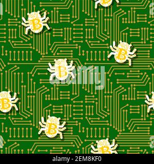 Bitcoin virus bug pattern seamless. Digital currency computer virus background. Stock Vector