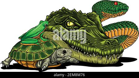 Set of reptiles and amphibians. Wild Crocodile, snake, turtle and frog Stock Vector