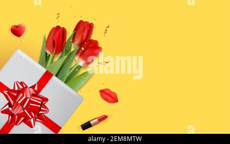 Yellow Happy Womens Day Holiday Congratulation Background with Red Tulips. Vector Illustration Stock Vector