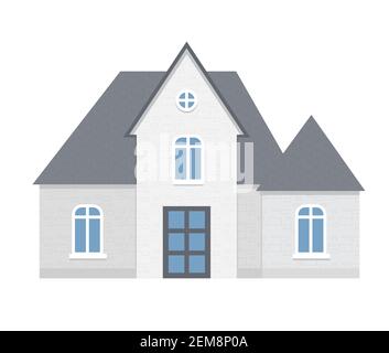 Grey Cottage Facade, City or Country Street Building with white windows. Modern Residential Private property, duplex apartments Stock Vector