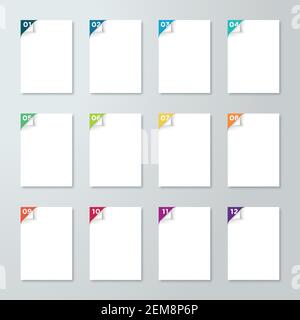 White Pages With Numbered Steps 1 to 12 Corner Pealed Back Stock Vector