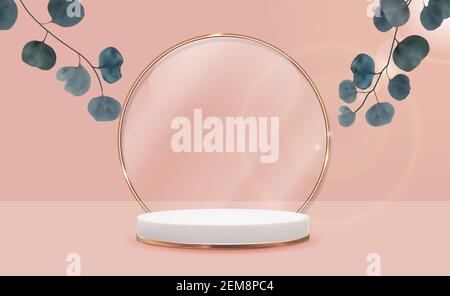 Realistic 3d gold pedestal with eucalyptus leaves over pastel natural background. Trendy empty podium display for cosmetic product presentation Stock Vector