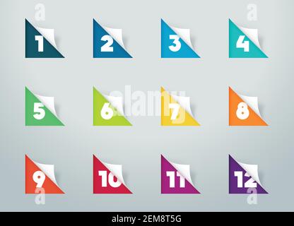 Square Paper Cut Out Notes With Numbers For Calendar 1 to 12 b Stock Vector