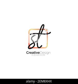 ST Initial Letter handwriting logo hand drawn colorful box vector, logo for beauty, cosmetics, wedding, fashion and business, and other Stock Vector