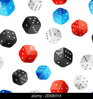 A lot of realistic casino dices, bright seamless pattern on white Stock Vector