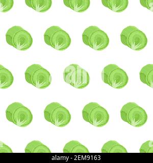 Seamless pattern with iceberg lettuce cut in half and whole vegetable. Organic food textile. Hand drawn vector nature graphic background. Stock Vector
