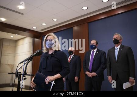 United States Representative Liz Cheney (Republican of Wyoming), left, offers remarks while joined for a press conference by United States House Minority Whip Steve Scalise (Republican of Louisiana), second from left, United States Representative Jason Smith (Republican of Missouri), second from right, and United States House Minority Leader Kevin McCarthy (Republican of California), right, for a press conference at the U.S. Capitol in Washington, DC, USA on Wednesday, February 24, 2021. Photo by Rod Lamkey/CNP/ABACAPRESS.COM Stock Photo